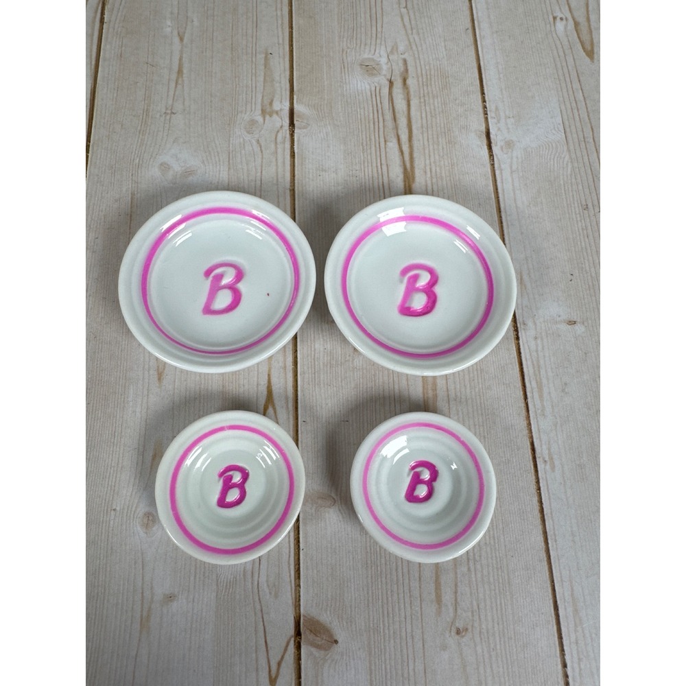Miniature Ceramic Plates Pink Monogram B Set of 4 Dollhouse Barbie Accessories